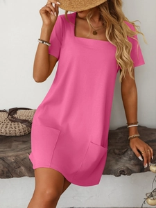 Rose pink square neck short sleeve dress featuring functional front pockets and a summer style