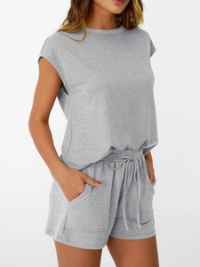 Detail of grey crewneck sleeveless top and drawstring shorts loungewear set for women
