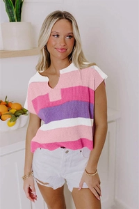 Detail of multi-color striped knit top with V-neckline and chunky textured fabric