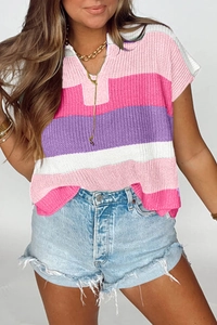 Detail shot of multi-color striped knit sweater with U-neck and short sleeves for summer