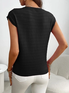 Rear view of black short sleeve knit sweater with textured stripes and crew neck