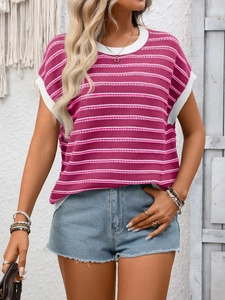 Detailed knit texture of a rose pink striped short sleeve top with white ribbed edges