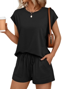 Detailed shot of black cotton knit short sleeve T-shirt and drawstring shorts set