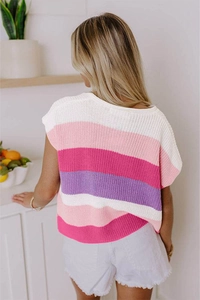 Detailed back view of a colorful striped knit top with purple and pink broad stripes