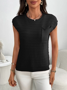 Close-up of black ribbed knit short sleeve top with round neck and chest pocket detail