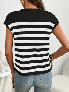 Back view of a striped knit short-sleeve top with a classic black and white horizontal pattern