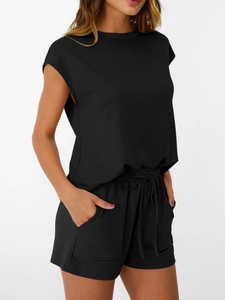 Detail view of black summer lounge set featuring drawstring waistband and side pockets