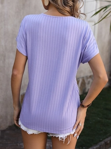 Rear view of lavender V-neck top with fine ribbed texture and short sleeves