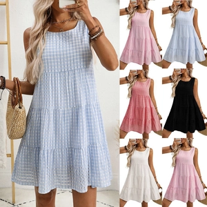 Women Casual Sleeveless Gingham Plaid Tiered Dress Round Neck Loose Flowy Mini Beach Party Boho Summer Sun Dress