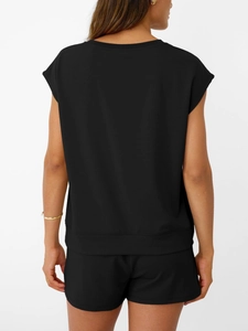 Rear view of women's black sleeveless round neck top and shorts casual summer set