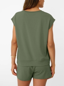 Detail view of military green lounge set back showing premium knit fabric and relaxed fit