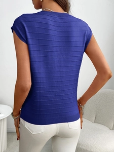 Rear view of royal blue short sleeve knit sweater with textured horizontal stripes