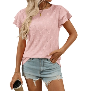 Pink crew neck t-shirt for women with ruffle sleeves and elegant eyelet knit texture