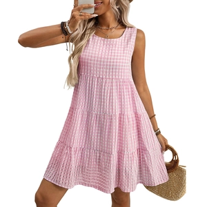 Pink and white checkered sleeveless tiered summer dress in a relaxed flowy fit