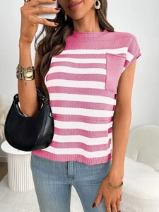 Close-up of pink and white striped knit top with round neck and single chest pocket