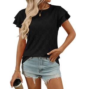Women black short sleeve tee with ruffle sleeves and eyelet texture pattern