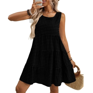 Summer sleeveless black tiered plaid mini dress with loose casual flowing silhouette