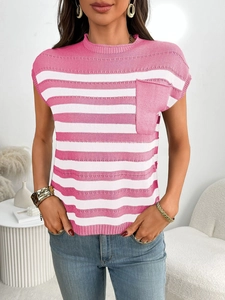 Close-up of pink and white striped knit top featuring a round neck and front pocket detail