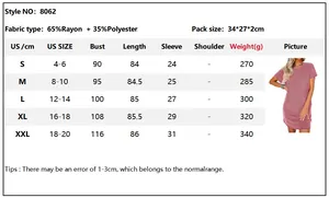 Detailed size chart for women's casual dress showing bust, length, and fabric composition
