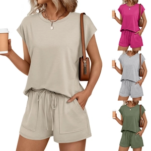 Women's Casual Summer Two Piece Set Round Neck Short Sleeve T-Shirt And Drawstring Shorts With Pockets Cotton Blend Lounge Set