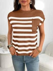Detail shot of summer knit top showing brown and white stripes with a chest pocket