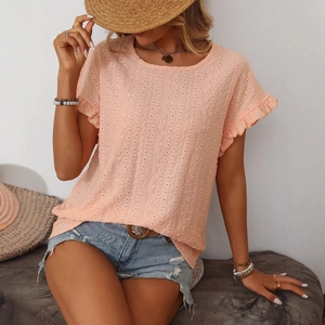 T-shirt femme abricot avec broderie anglaise et manches courtes à volants élégantes