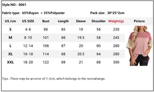 Size guide for women's color block short sleeve t-shirt with detailed measurements