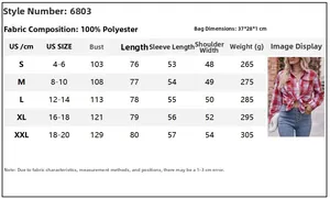 Size chart for women oversize plaid shirt showing US sizes S to XXL and measurements