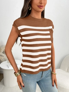 Detail view of the brown and white striped knit tank top with ribbed crew neck and pocket