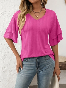 Close-up of V-neck ribbed T-shirt in magenta with triple-layered ruffle sleeves details