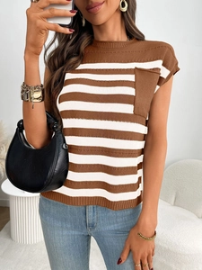 Detail of knit stripe pattern on short sleeve top with brown chest pocket and ribbed texture
