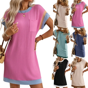 Women Casual Waffle Knit Mini Dress Short Sleeve Contrast Trim Round Neck T-Shirt Dress With Pocket Summer Vacation