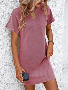 Detail of light rose pink striped T-shirt dress featuring a soft knit texture and chest pocket