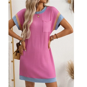 Pink waffle knit t-shirt dress with striped trim and pocket in a casual summer style