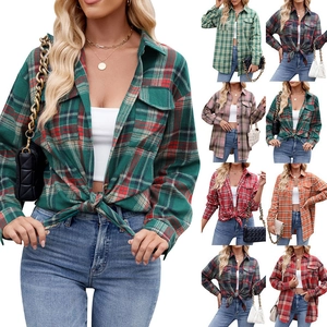 Women's Casual Plaid Long Sleeve Shirt Pocket Single Breasted Flannel Shacket Loose Autumn Winter Blouse Top For Women