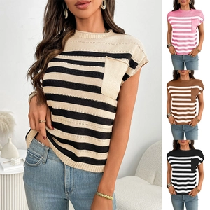 Women's Casual Striped Knit Short Sleeve Top Round Neck Sweater With Chest Pocket Summer Fashion Striped Tee