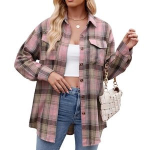 Women's casual plaid flannel shirt with long sleeves and pockets in pink and brown