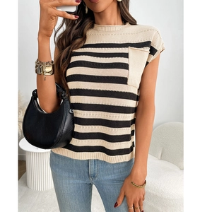 Women's casual striped knit top with round neck and pocket detail in beige and black