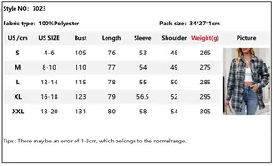 Size chart for women's casual plaid shirt with US sizing guide and product measurements