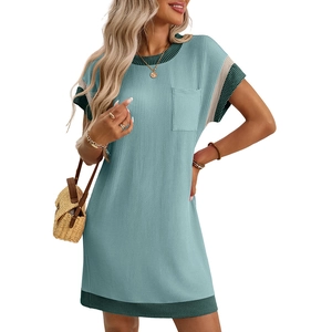 Women waffle knit short sleeve dress with contrast trim and pocket in light blue