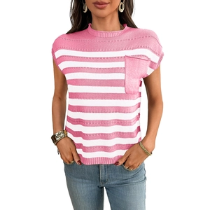 Women's summer short sleeve striped knit sweater with round neck and chest pocket