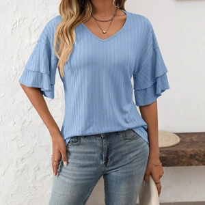 Light blue V-neck top with ruffled short sleeves and ribbed texture for casual wear