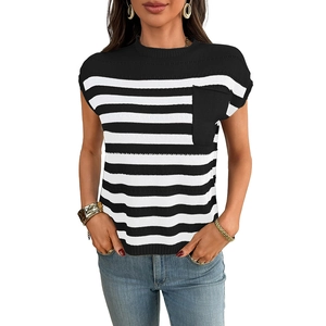 Women's summer short sleeve striped knit sweater with round neck and black chest pocket
