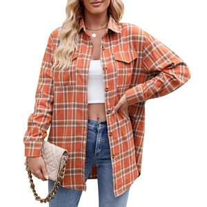 Women's casual loose orange plaid shirt jacket with chest pockets and buttons
