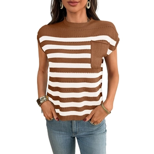 Women's summer brown and white striped knit short sleeve top with round neck and chest pocket