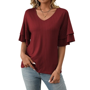 Women's V-neck wine red ribbed top with layered ruffle short sleeves and casual fit