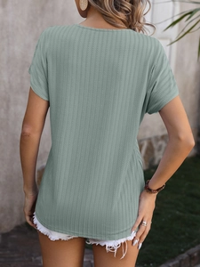 Rear view of women's ribbed sage green short sleeve V-neck top with curved hem detail