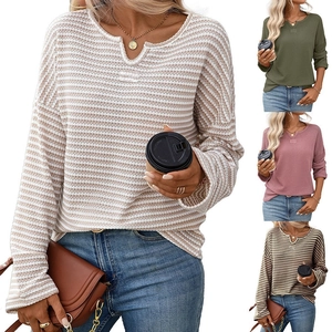 Maglietta da Donna in Maglia a Nido d'Ape a Manica Lunga Casual a Righe Scollo con Intaglio Spalla Cadente Autunno