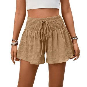 Women's summer high waist khaki drawstring shorts with ruched elastic waistband in A-line fit