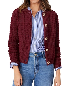 Detail of chunky knit cardigan in burgundy with marble texture buttons and round neck
